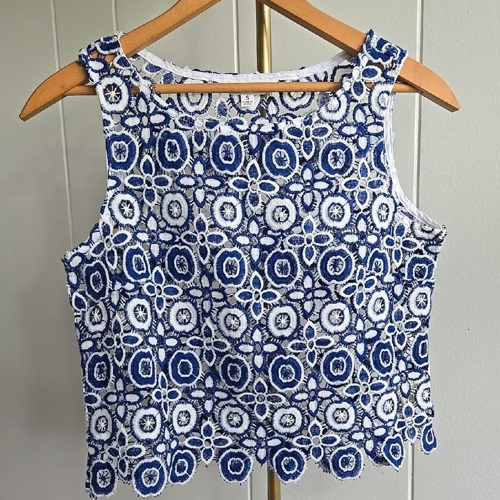 BB Dakota Navy and White Floral Lace Tank Top